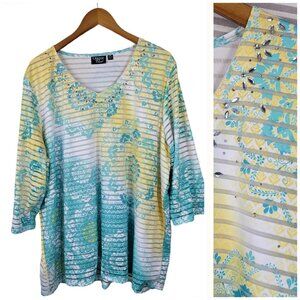 Onque Top Plus Size 2X Stretch Festival Geometric Net Blue Yellow Womens